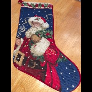 NEEDLEPOINT CHRISTMAS STOCKING WITH BEAUTIFUL RED BACKING FULLY LINED.